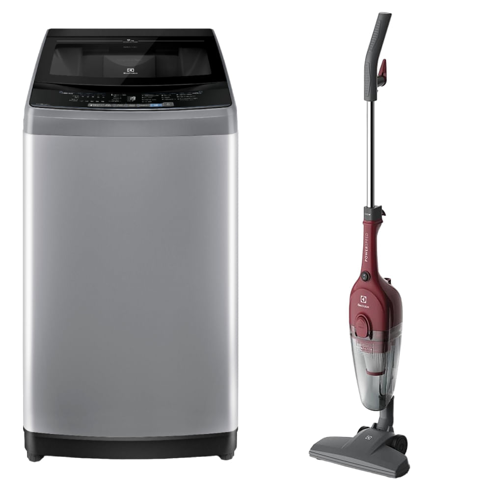 Combo Electrolux: Lavadora EWIW09F2USVG, capacidad 9kg, gris + Aspiradora vertical con cable STK13, rojo
