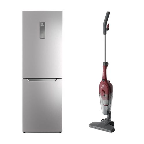 Combo Electrolux: Refrigerador Botoom Freezer ERQR32E2HUS, capacidad 317 litros, plateado + Aspiradora vertical con cable STK13, rojo