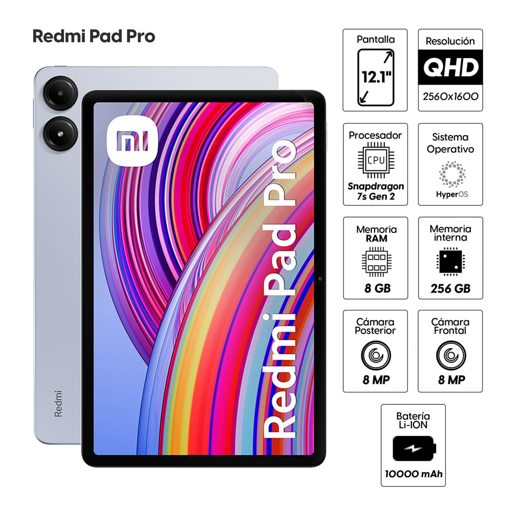 Imagen 2 del producto Tablet Xiaomi Redmi Pad Pro 12.1"" 256GB, 8GB RAM, cámara principal 8MP y frontal 8MP, 10000 mAh, Snapdragon 7s Gen 2, azul