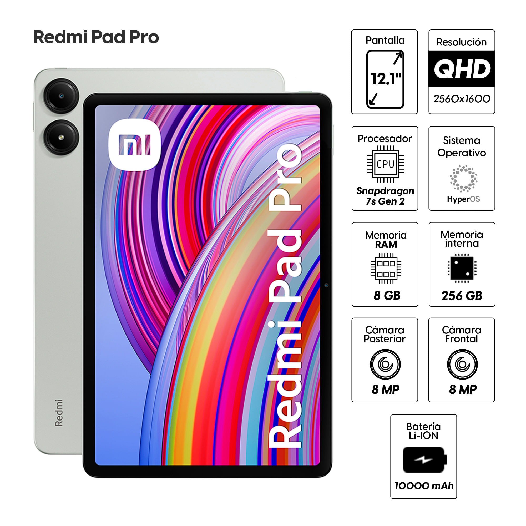 Imagen 2 del producto Tablet Xiaomi Redmi Pad Pro 12.1"" 256GB, 8GB RAM, cámara principal 8MP y frontal 8MP, 10000 mAh, Snapdragon 7s Gen 2, verde
