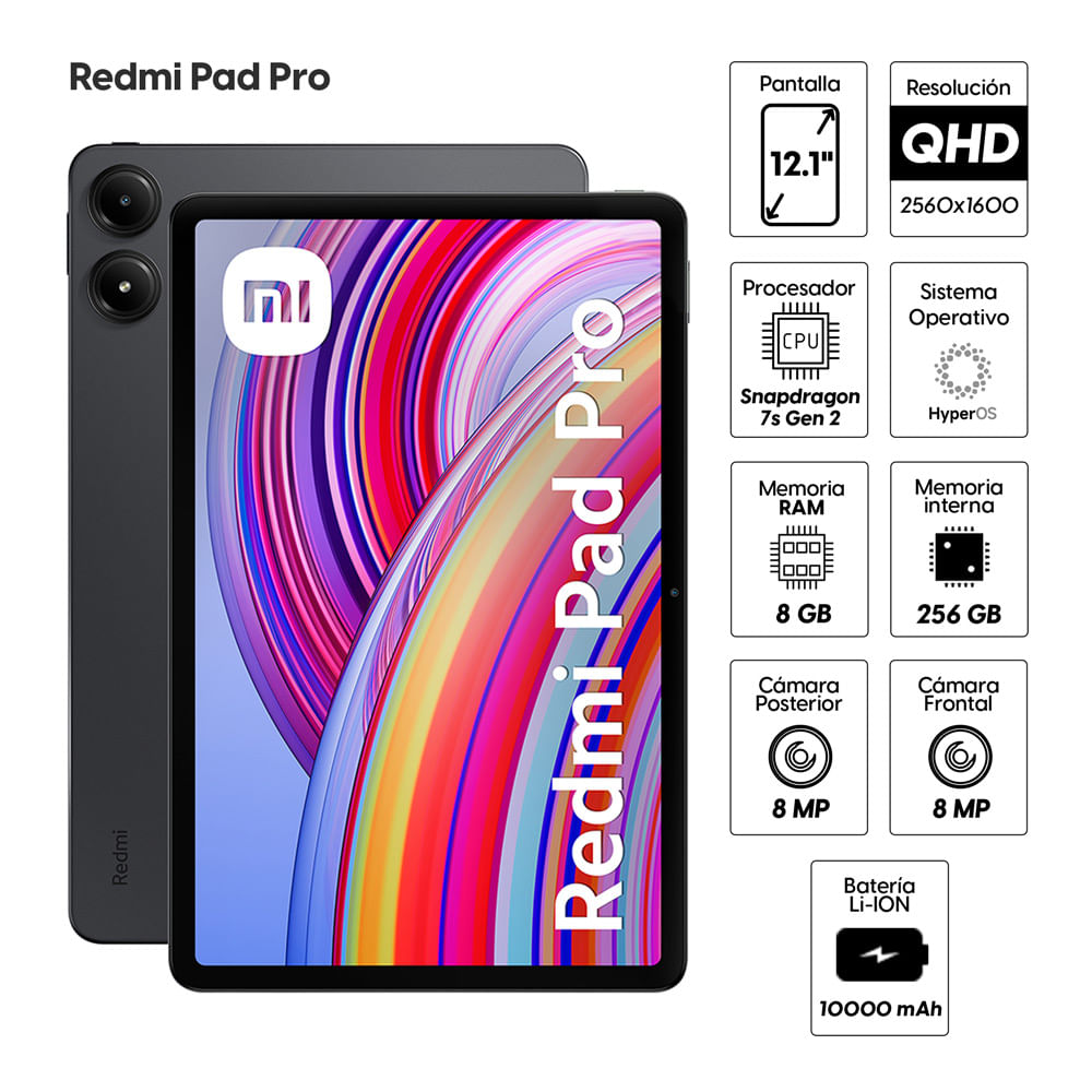 Imagen 2 del producto Tablet Xiaomi Redmi Pad Pro 12.1"" 256GB, 8GB RAM, cámara principal 8MP y frontal 8MP, 10000 mAh, Snapdragon 7s Gen 2, negro