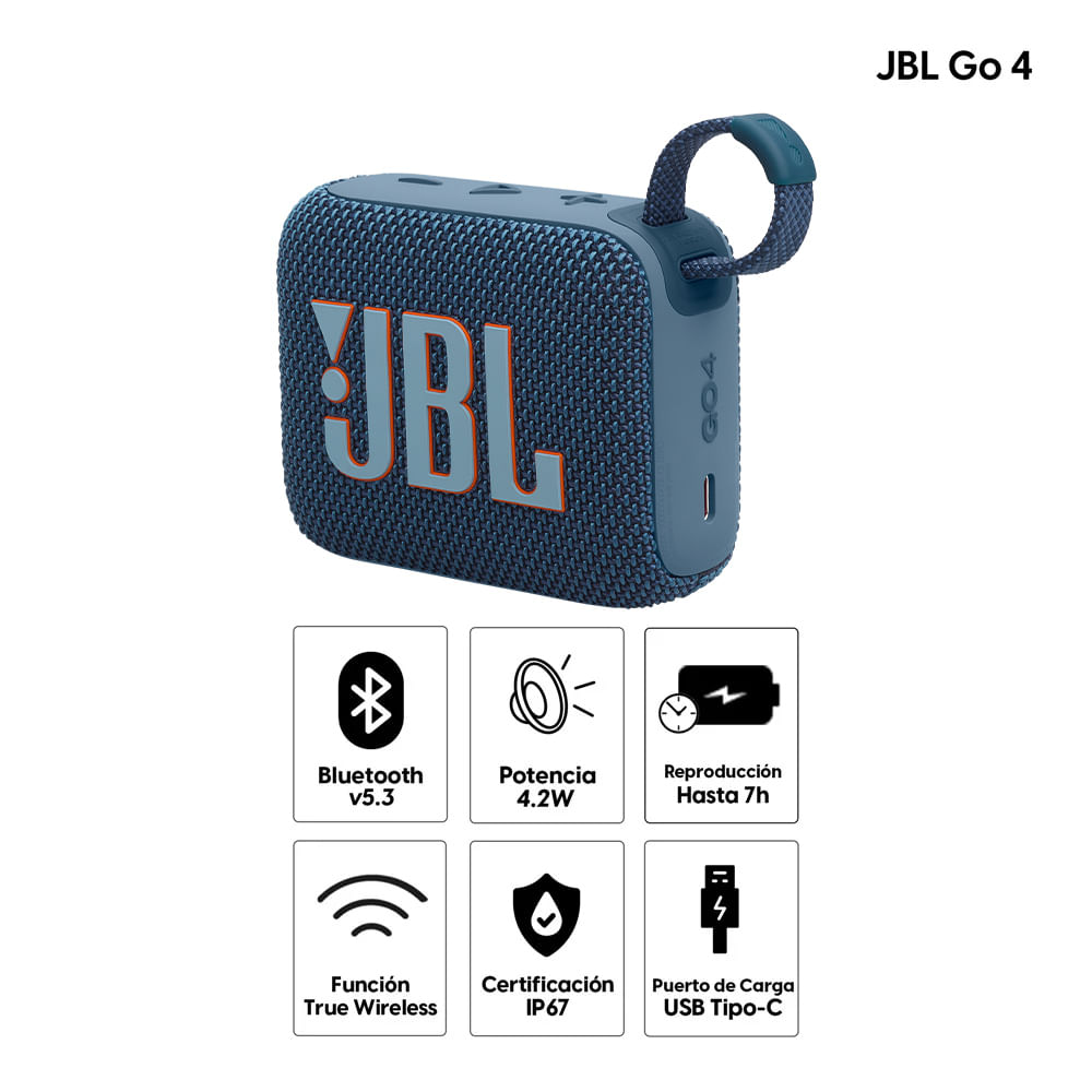 Imagen 2 del producto Parlante bluetooth JBL Go 4 potencia 4.2W, resistente al agua IP67, hasta 7 horas de reproducción, puerto de carga USB Tipo-C, azul