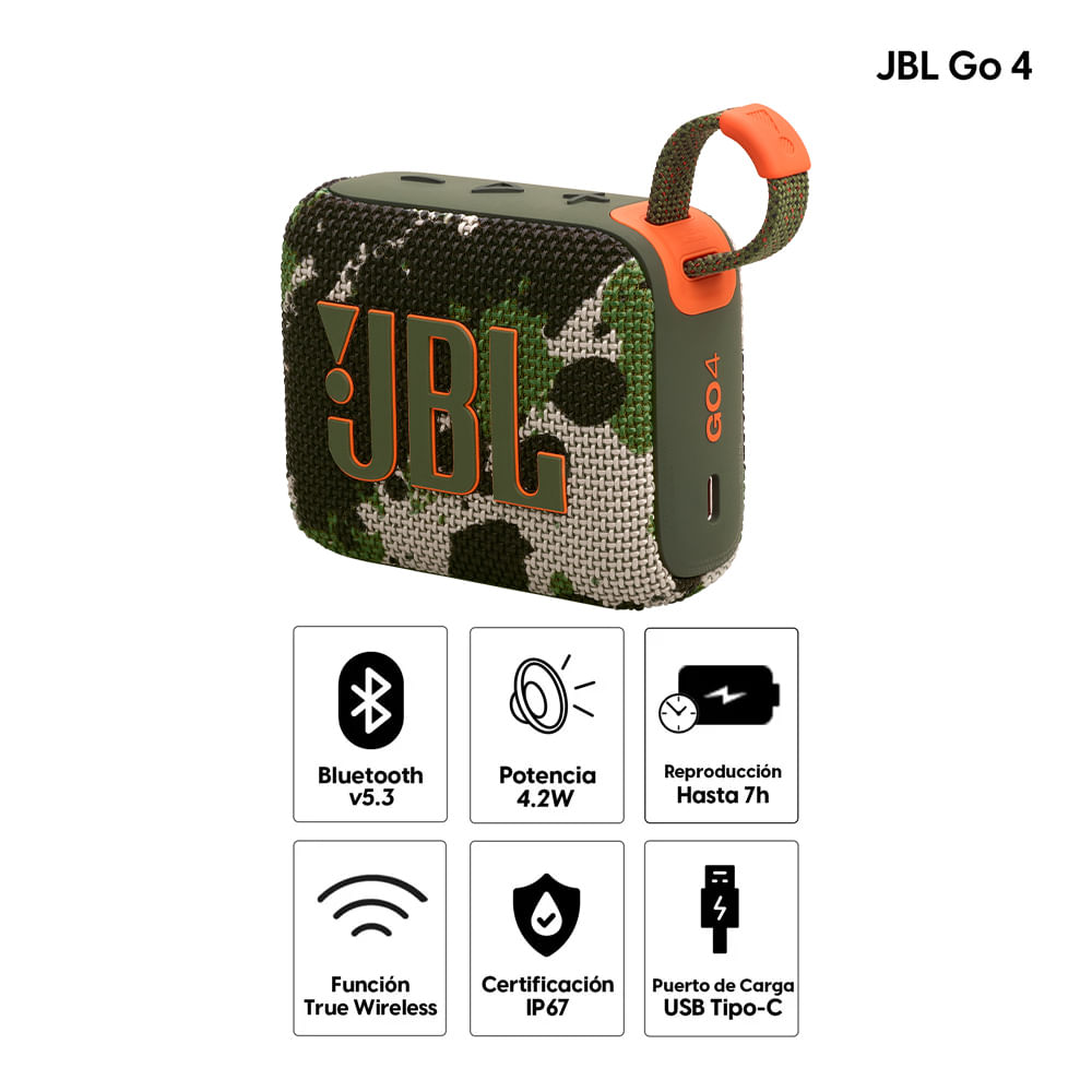Imagen 2 del producto Parlante bluetooth JBL Go 4 potencia 4.2W, resistente al agua IP67, hasta 7 horas de reproducción, puerto de carga USB Tipo-C, camuflado