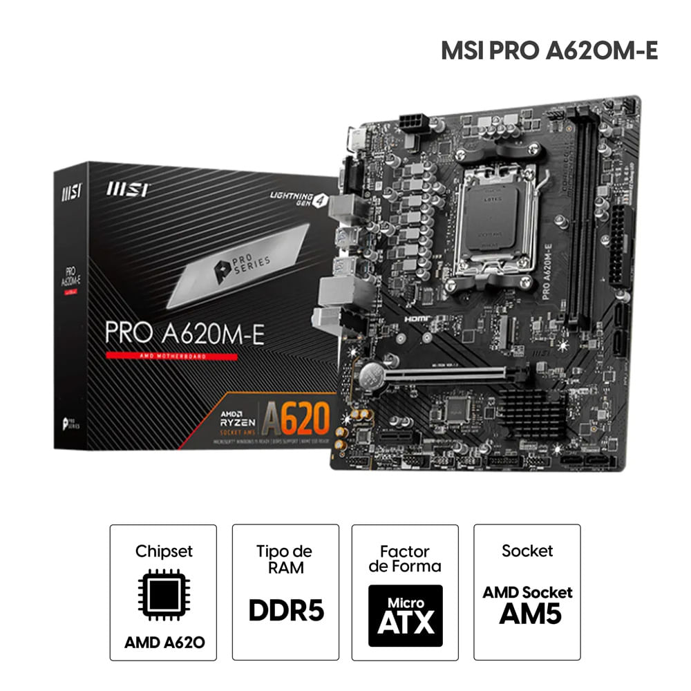 Imagen 2 del producto Placa Madre MSI PRO A620M-E Socket AM5, DDR5, Micro-ATX, PCIe 4.0, RAID SATA, Ranura M.2, HDMI 2.1, LAN Realtek