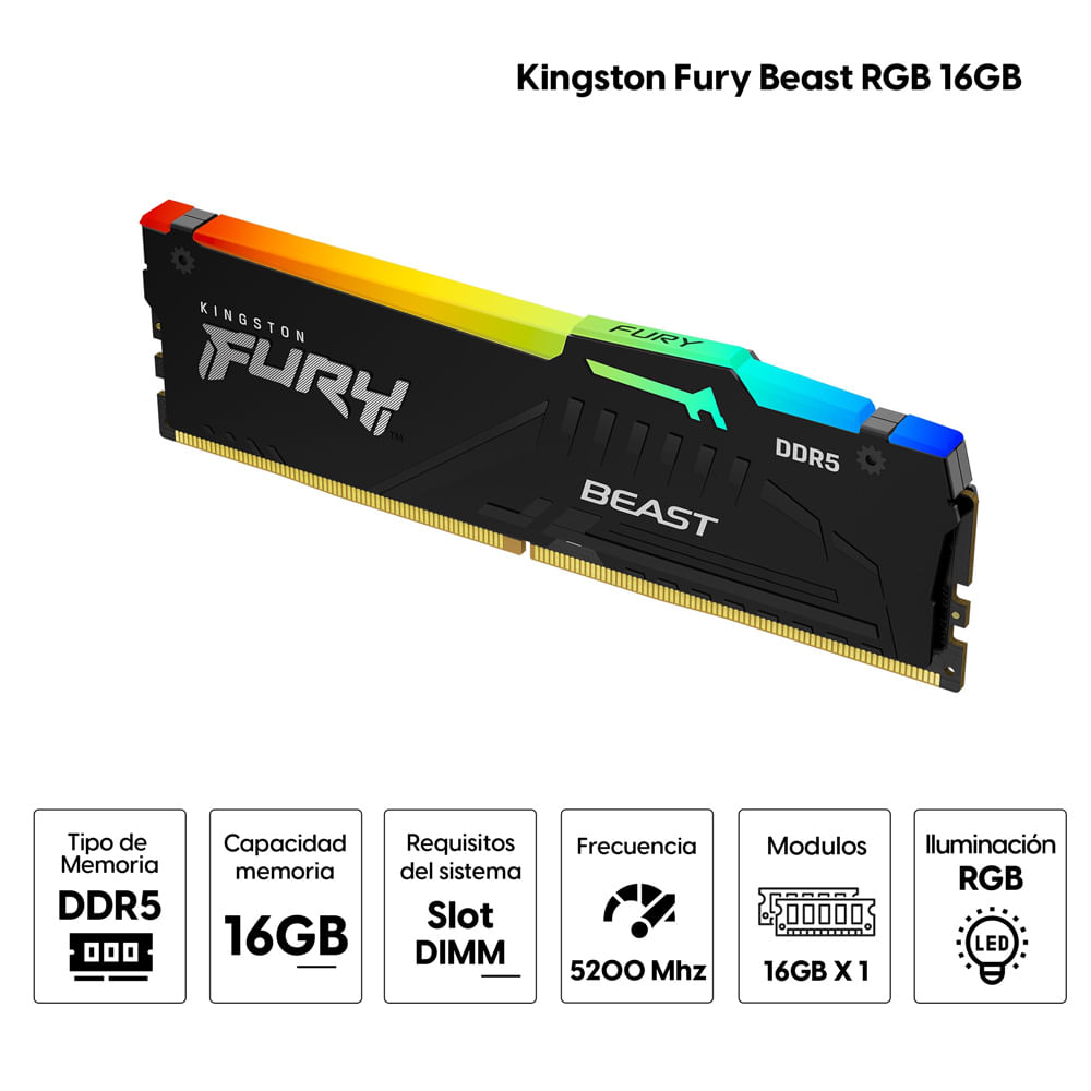 Imagen 2 del producto Memoria Ram Kingston Fury Beast RGB 16GB (16GBx1), DDR5, 5200MHZ, XMP3.0