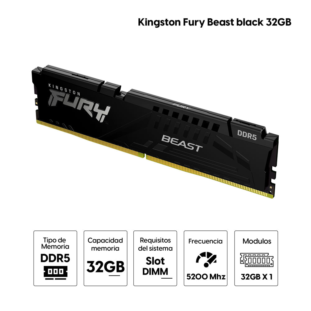 Imagen 2 del producto Memoria Ram Kingston Fury Beast black 32GB (32GBX1) DDR5, 5200MHZ