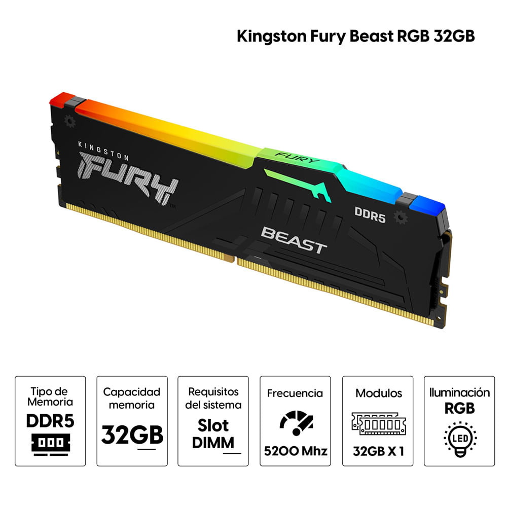 Imagen 2 del producto Memoria Ram Kingston Fury Beast RGB 32GB (32GBx1) DDR5, 5200MHZ