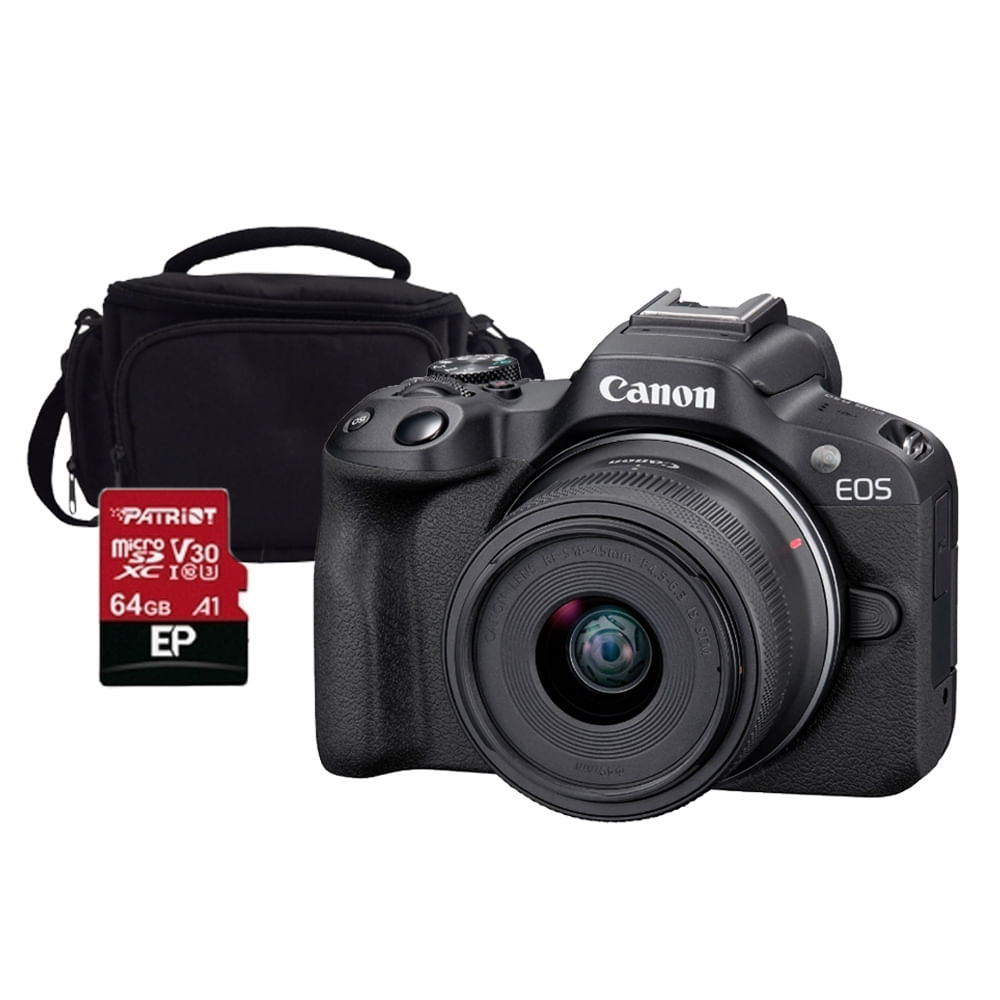 Cámara Mirrorless Canon EOS R50 RF-S 18-45MM IS STM + maletín nacional + Memoria 64GB