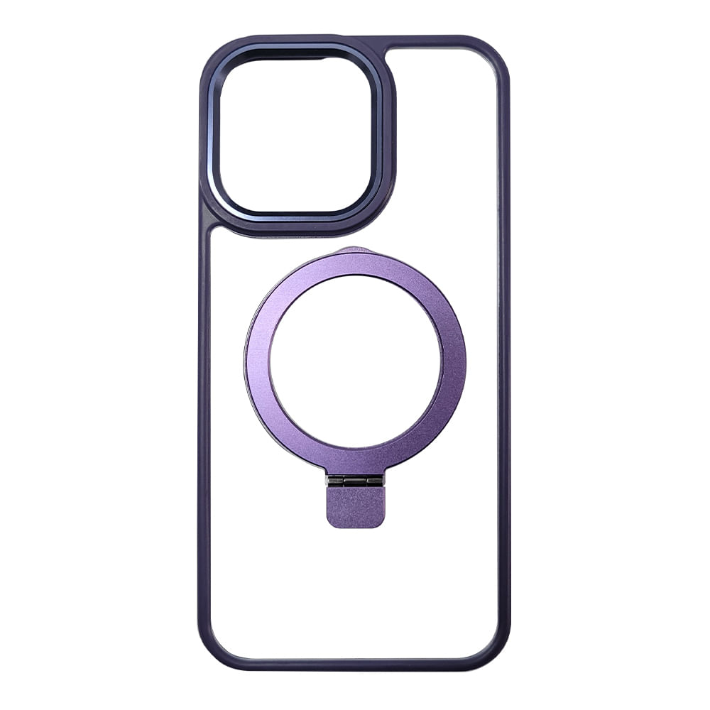 Case para iPhone 15 Pro Max, con Magsafe para carga inalámbrica con soporte, transparente borde morado