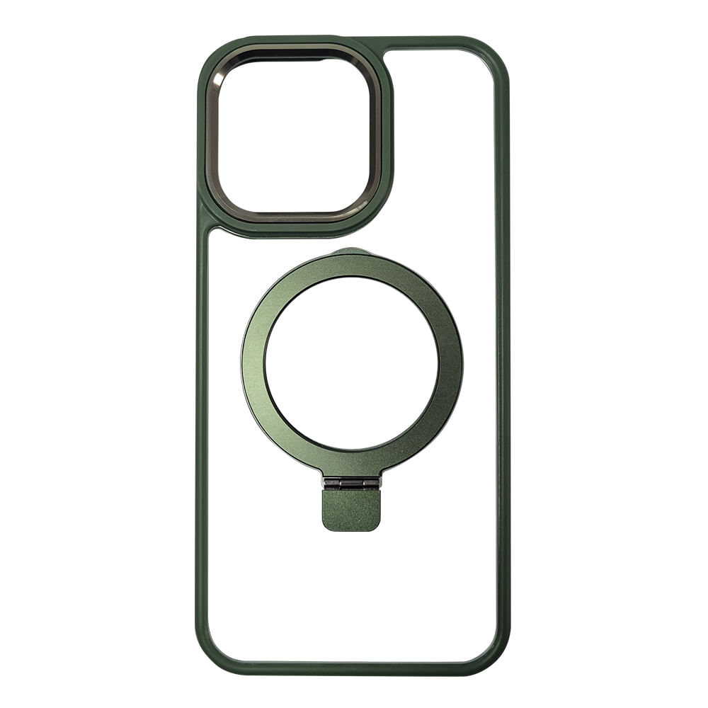 Imagen 1 del producto Case para iPhone 15 Pro, con Magsafe para carga inalámbrica con soporte, transparente borde verde