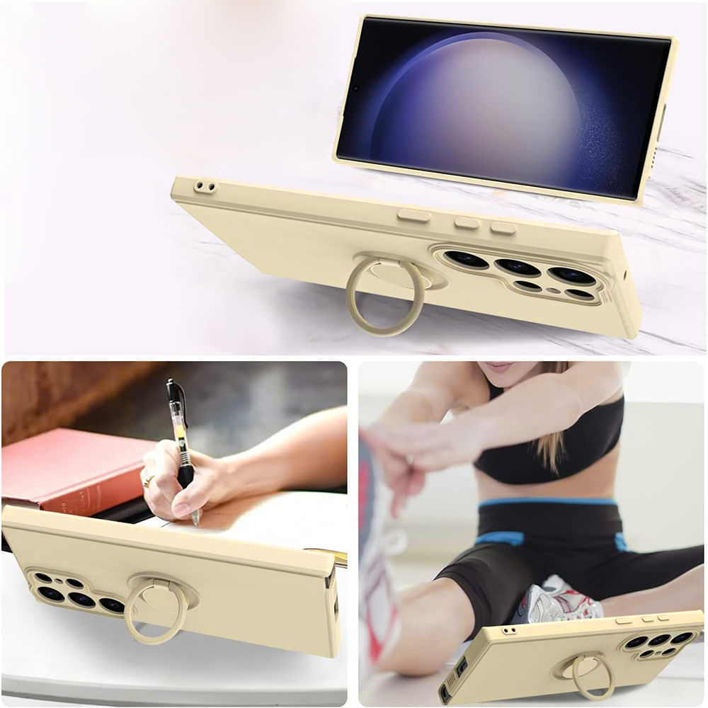 Imagen 2 del producto Case para Samsung Galaxy S23 Ultra con anillo de soporte, amortiguador de choques, protección de cámaras, crema