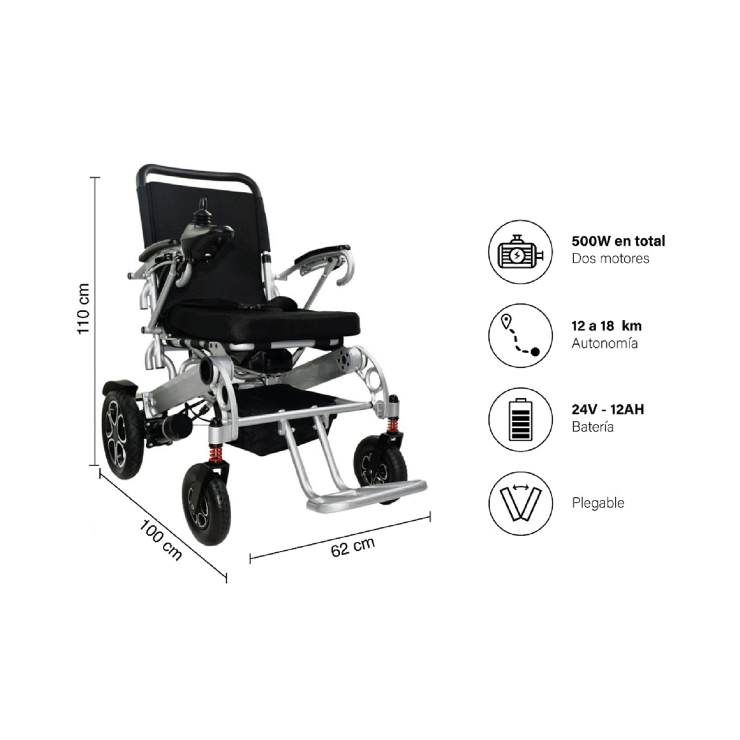 Imagen 2 del producto Silla de ruedas eléctrica First Care Premium Travel 500W, autonomía 18km, carga máx. 100kg, plegable, negro