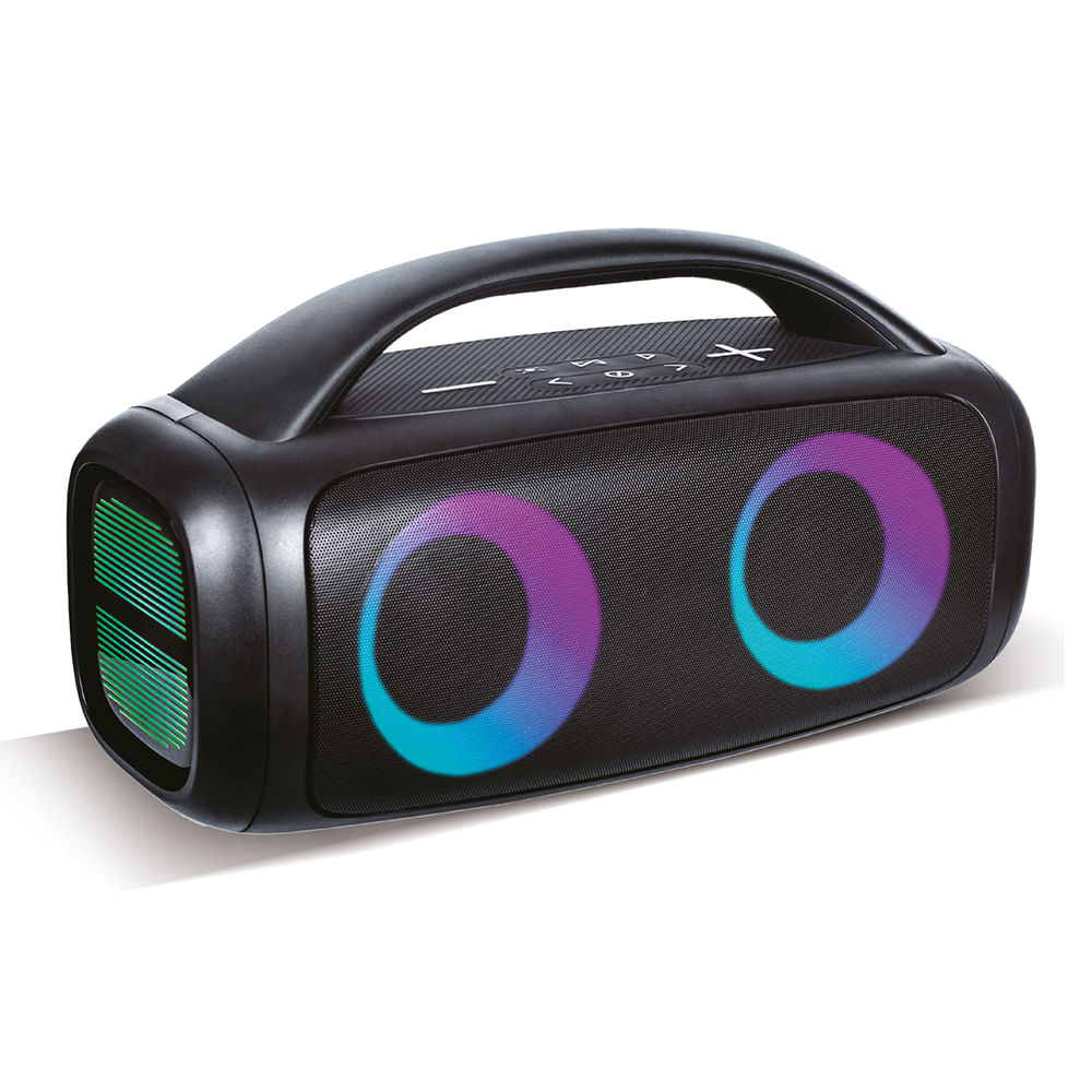 Parlante bluetooth Decibel Boom 3 portátil 60W, luces LED, Radio FM, conexión USB/Aux, Función True Wireless, negro