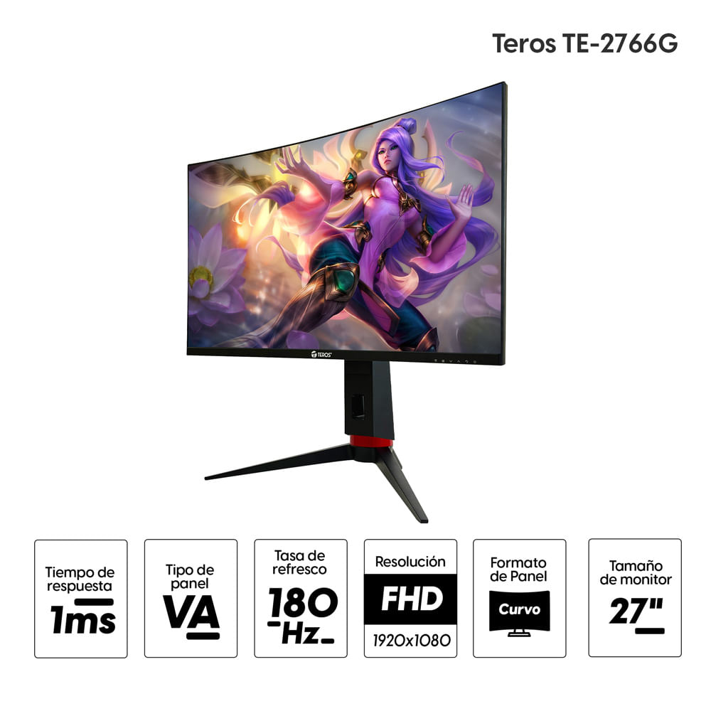 Imagen 2 del producto Monitor gamer curvo Teros TE-2766G 27"", Panel VA, FHD (1920x1080), 180Hz, 1ms, entradas HDMI/DISPLAYPORT