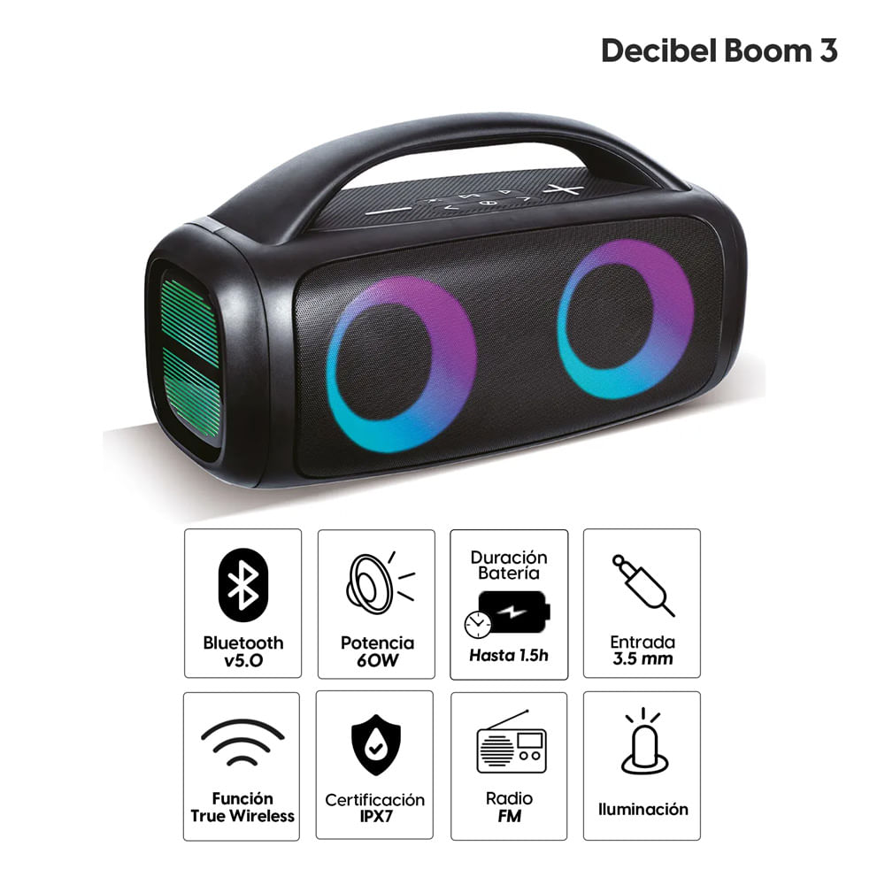 Imagen 2 del producto Parlante bluetooth Decibel Boom 3 portátil 60W, luces LED, Radio FM, conexión USB/Aux, Función True Wireless, negro