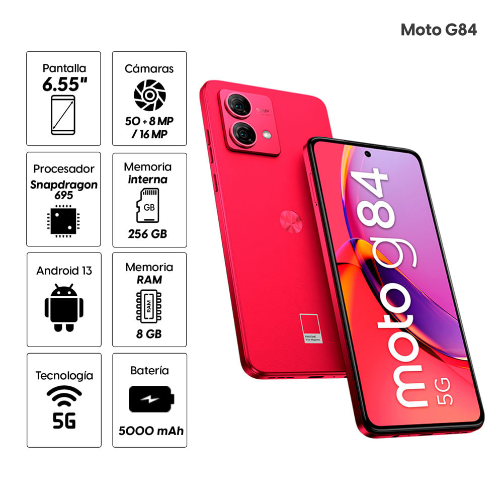 Imagen 2 del producto Celular Motorola Moto G84 5G 256GB, 8GB RAM, cámara trasera 50MP y frontal 16MP, 6.55"", magenta