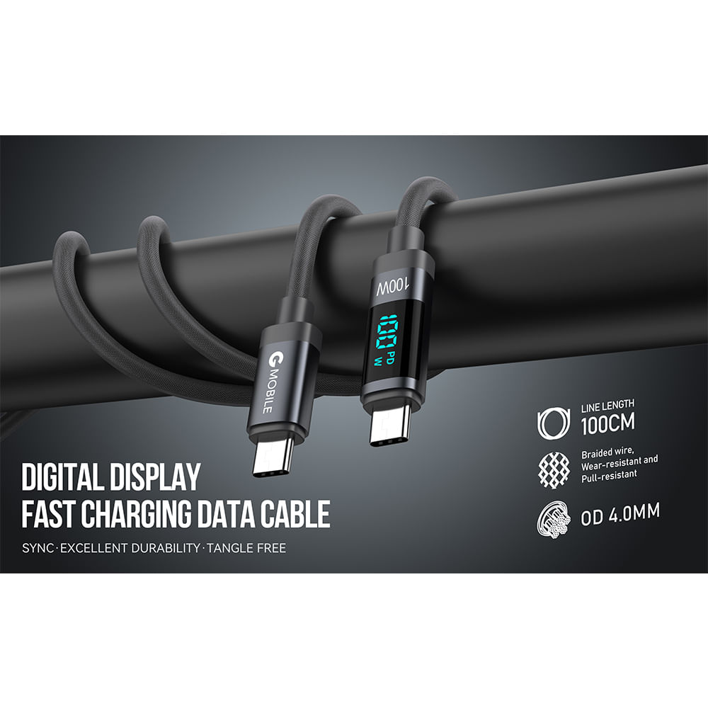 Imagen 2 del producto Cable Tipo-C A Tipo-C, 1m, 100W, Trenzado, Pantalla Led, Negro