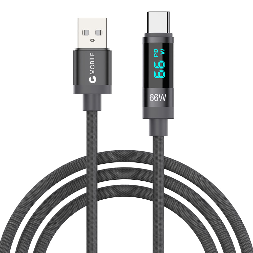 Cable Tipo-C A USB, 2m, 66W, Trenzado, Pantalla Led, Negro
