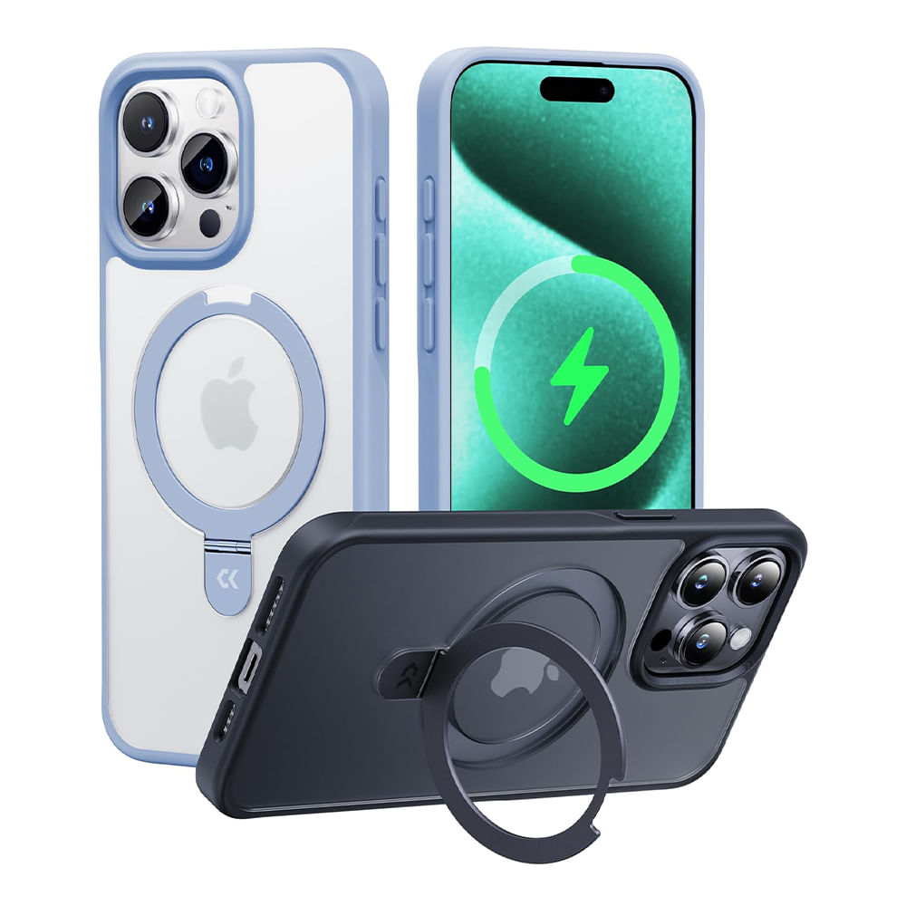 Case para iPhone 15 Pro Max, con Magsafe para carga inalámbrica con soporte, transparente borde celeste