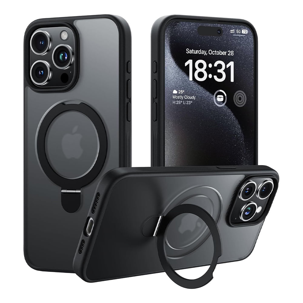 Case para iPhone 15 Pro, con Magsafe para carga inalámbrica con soporte, transparente borde negro