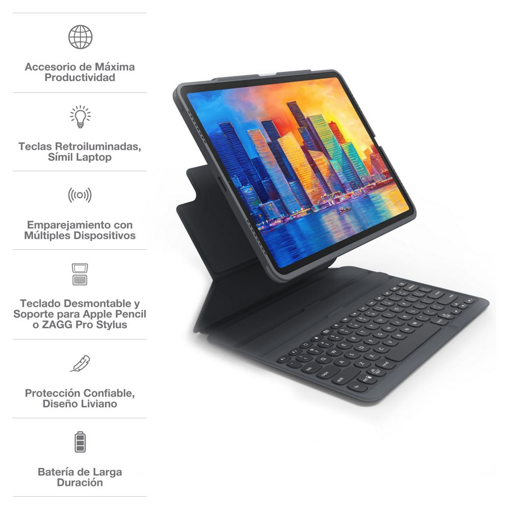 Imagen 2 del producto Teclado con Funda ZAGG Pro Keys Retroiluminado para iPad Pro 12.9'' (3a, 4a, 5a Y 6a Gen), iPad Air 13'' (M2)
