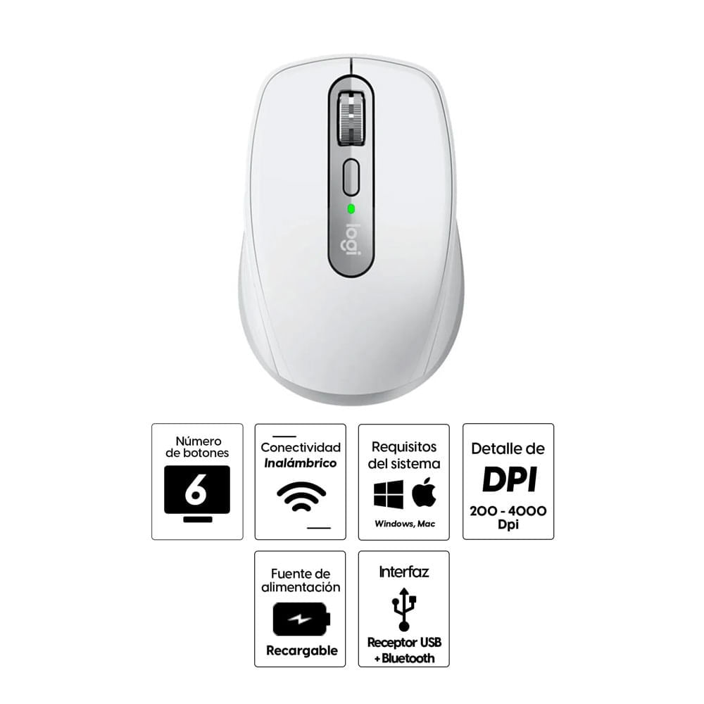 Imagen 2 del producto Mouse inalámbrico Logitech MX Anywhere 3 bluetooth, 1000 dpi, 6 botones, recargable, gris (reempacado)