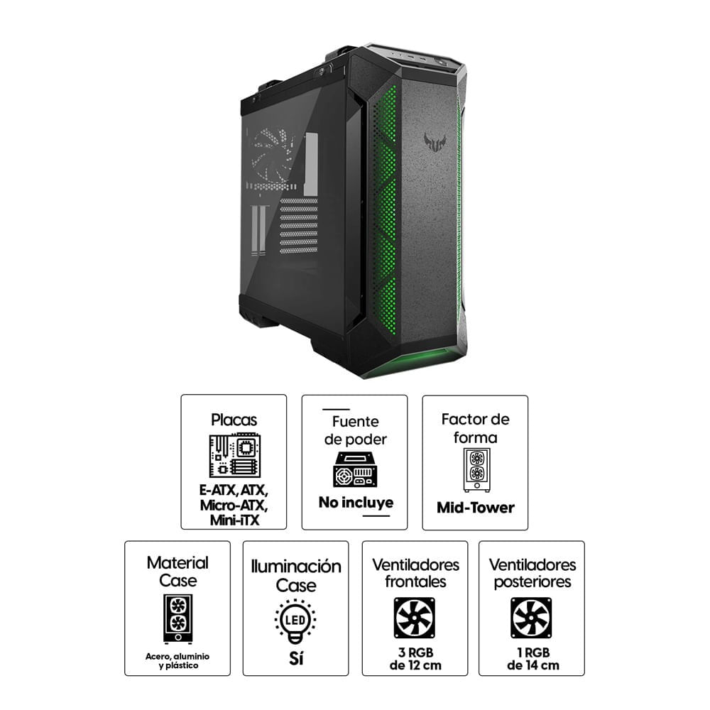 Imagen 2 del producto Gabinete Gamer ASUS TUF GT501, 1 ventilador, Mid Tower, cristal templado lateral, ATX, sin fuente (reempacado)