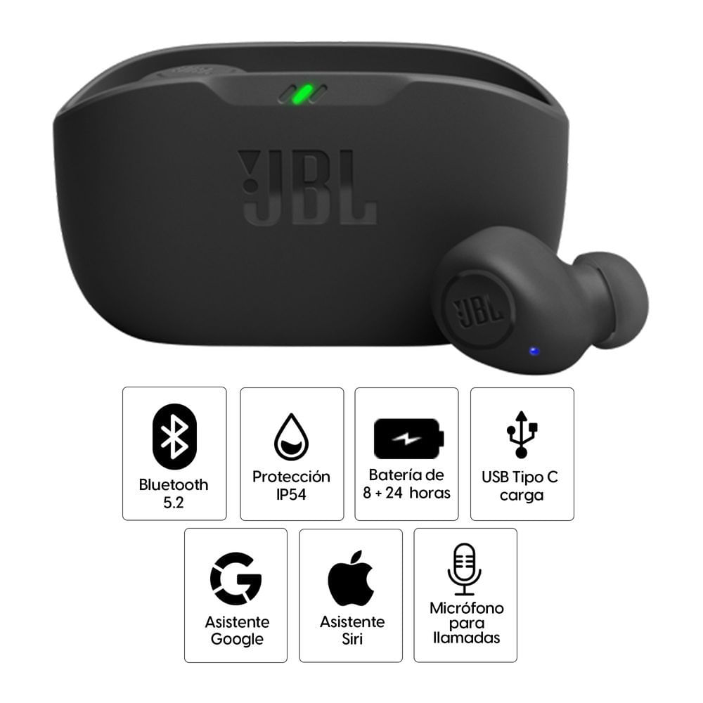 Imagen 2 del producto Audífonos bluetooth True Wireless JBL Wave Buds resistente al agua IP54, duración máx. 8 horas, control de música y llamadas, negro (reempacado)