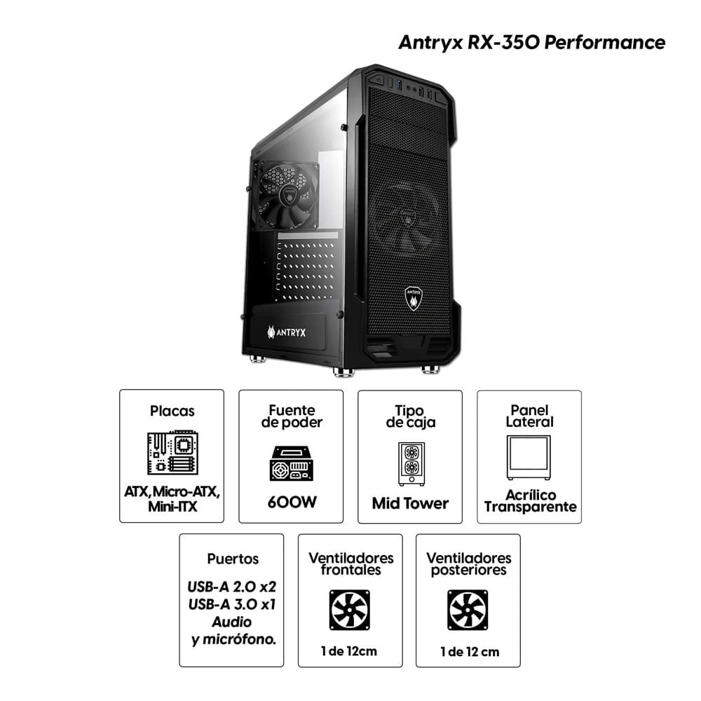 Imagen 2 del producto Gabinete Antryx RX-350 Performance, ATX/Micro ATX/Mini-ITX, Panel lateral acrílico, con fuente 600W (reempacado)