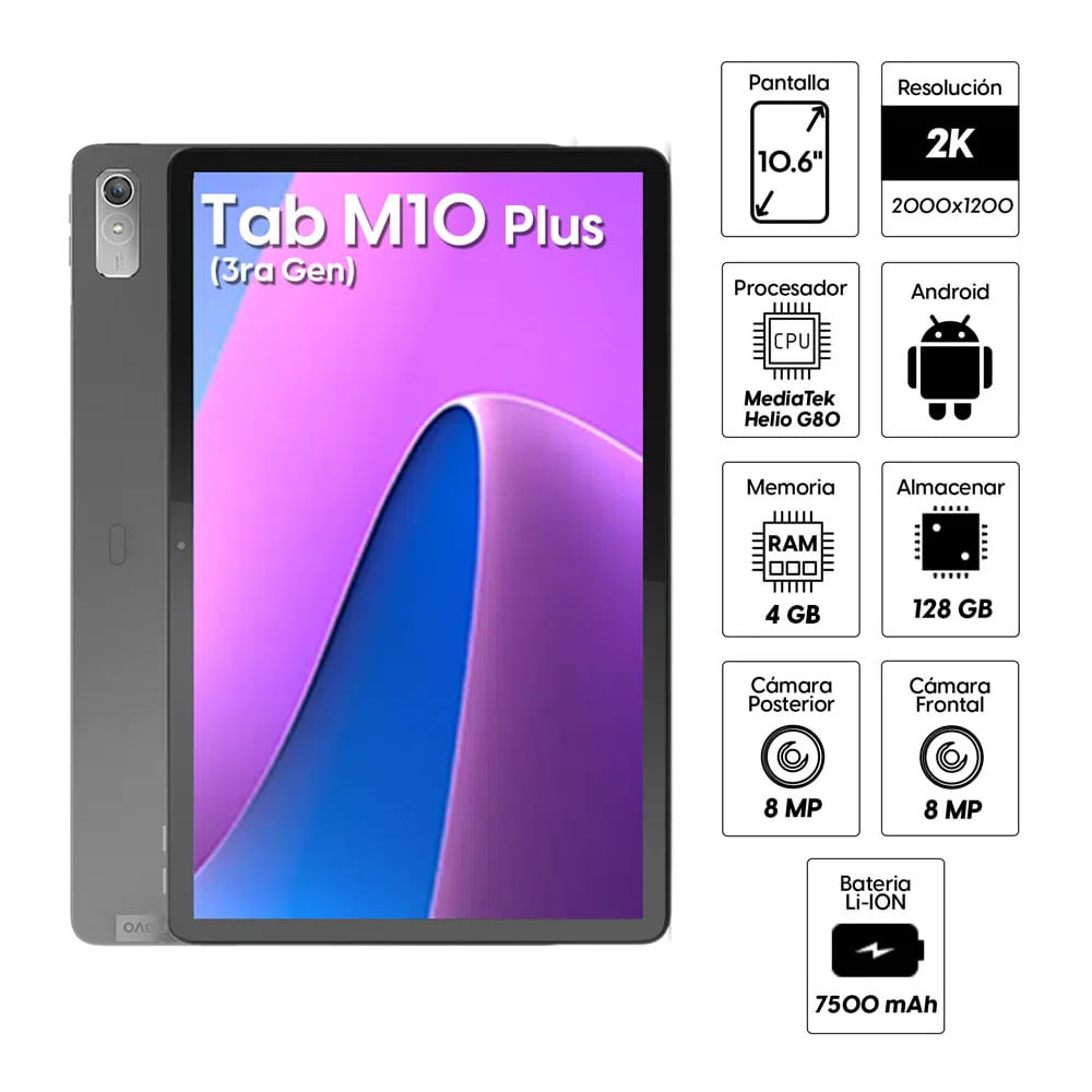 Imagen 2 del producto Reacondicionado: Tablet Lenovo Tab M10 Plus (3ra Gen) TB125FU 10.61"" 128GB, 4GB RAM, cámara principal 8MP y frontal 8MP, 7500 mAh, gris