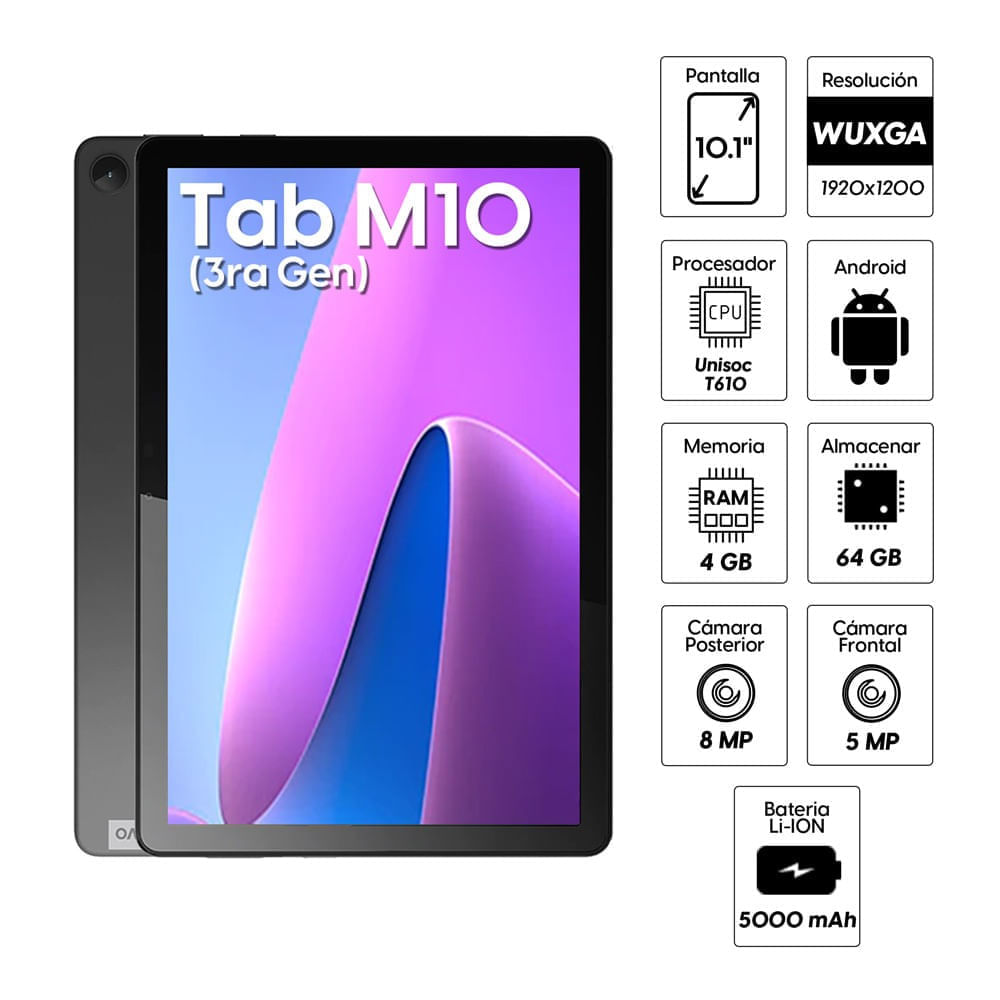 Imagen 2 del producto Reacondicionado: Tablet Lenovo Tab M10 (3ra Gen) TB328XU 10.1"" 64GB, 4GB RAM, cámara principal 8MP y frontal 5MP, 5000 mAh, negro