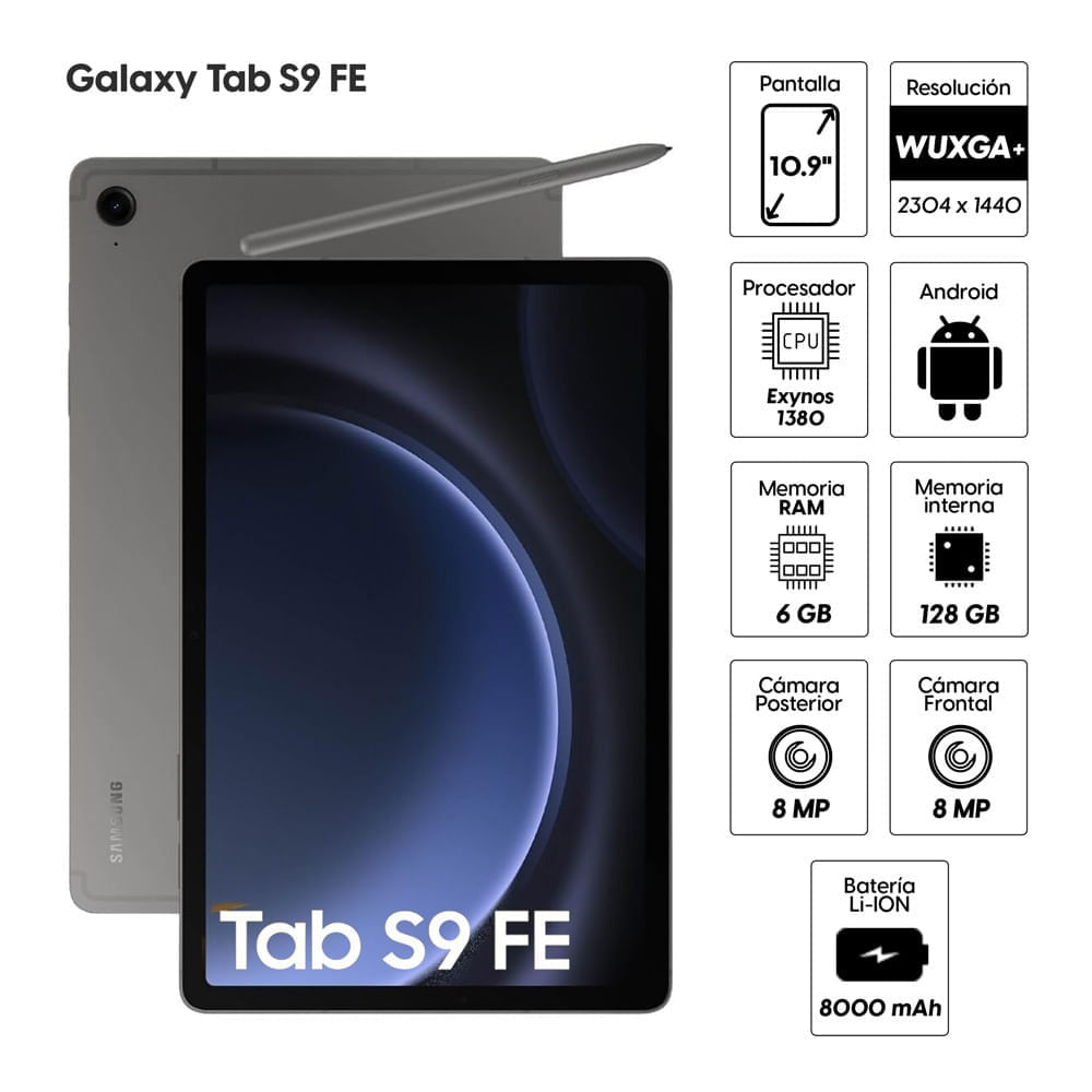 Imagen 2 del producto Reacondicionado: Tablet Samsung S9 FE 10.9"" 128GB, 6GB RAM, cámara principal 8MP y frontal 8MP, 8000 mAh, Exynos 1380, gris + Lápiz