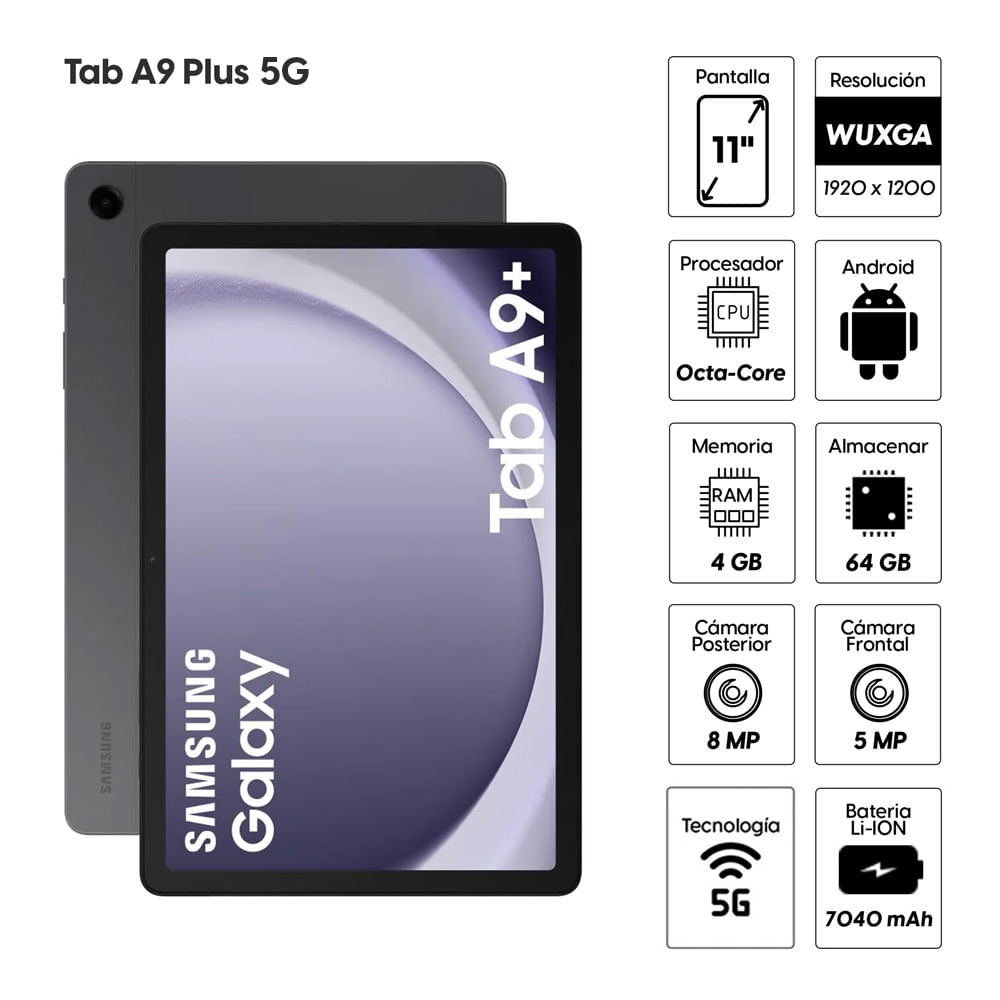 Imagen 2 del producto Tablet Samsung Galaxy Tab A9 Plus 5G LTE 11"" 64GB, 4GB RAM, cámara principal 8MP y frontal 5MP, 7040 mAh, gris