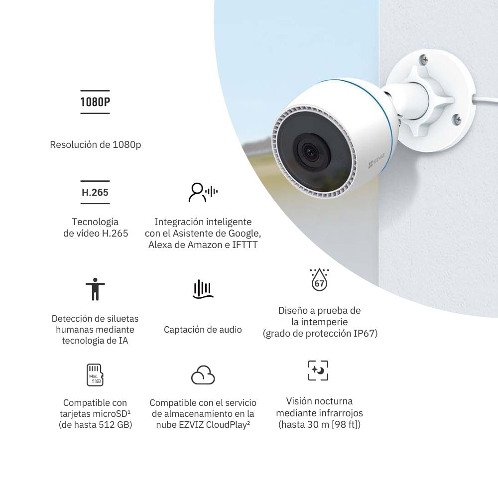 Imagen 2 del producto Cámara de seguridad Ezviz para exterior H3C Full HD + Micro SD 128gb - Blanco