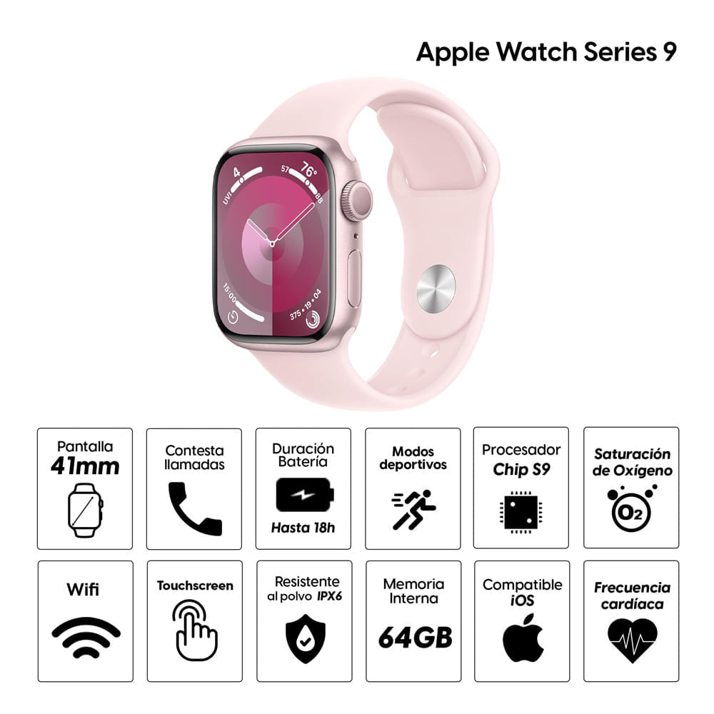 Imagen 2 del producto Apple Watch Series 9 41mm, GPS, certificación IP6X, batería hasta 18 horas, sport band rosado (reempacado)