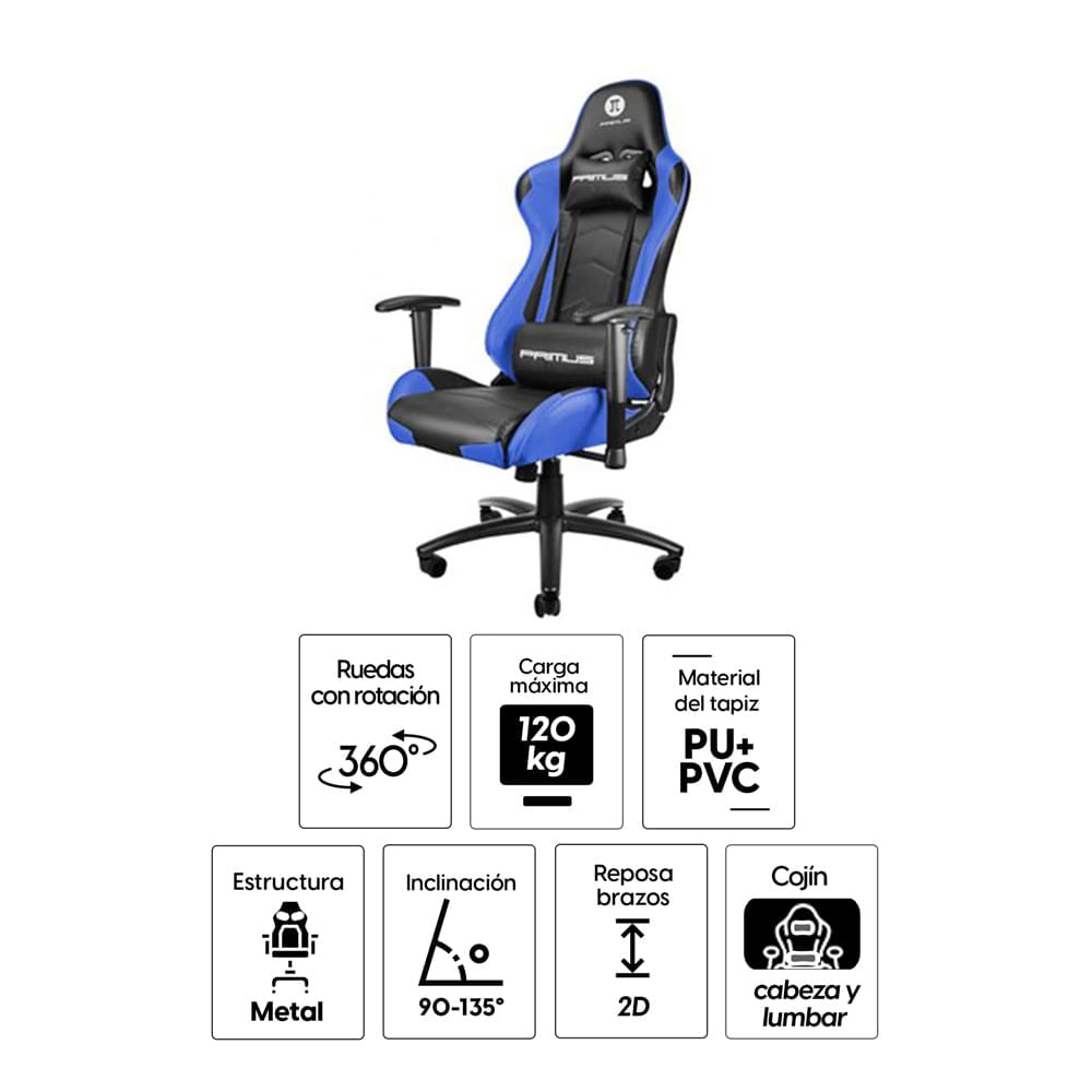 Imagen 2 del producto Silla gamer Primus Thronos máx 120 kg, inclinación 135°, negro y azul (reempacado)