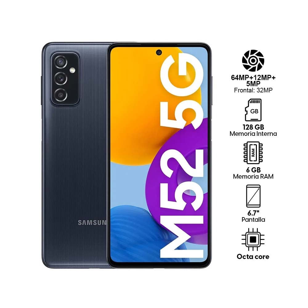 Imagen 2 del producto Reacondicionado: Celular Samsung Galaxy M52 5G, 128GB, 6GB RAM, cámara trasera 64MP y frontal 32MP, 6.7"", Octa-core, negro