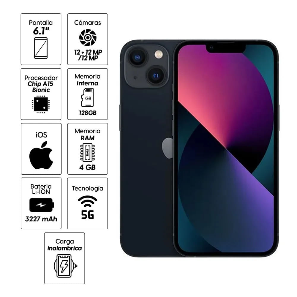 Imagen 2 del producto Reacondicionado: iPhone 13 128GB, 4GB RAM, cámara trasera 12MP y frontal 12MP, 6.1"", negro