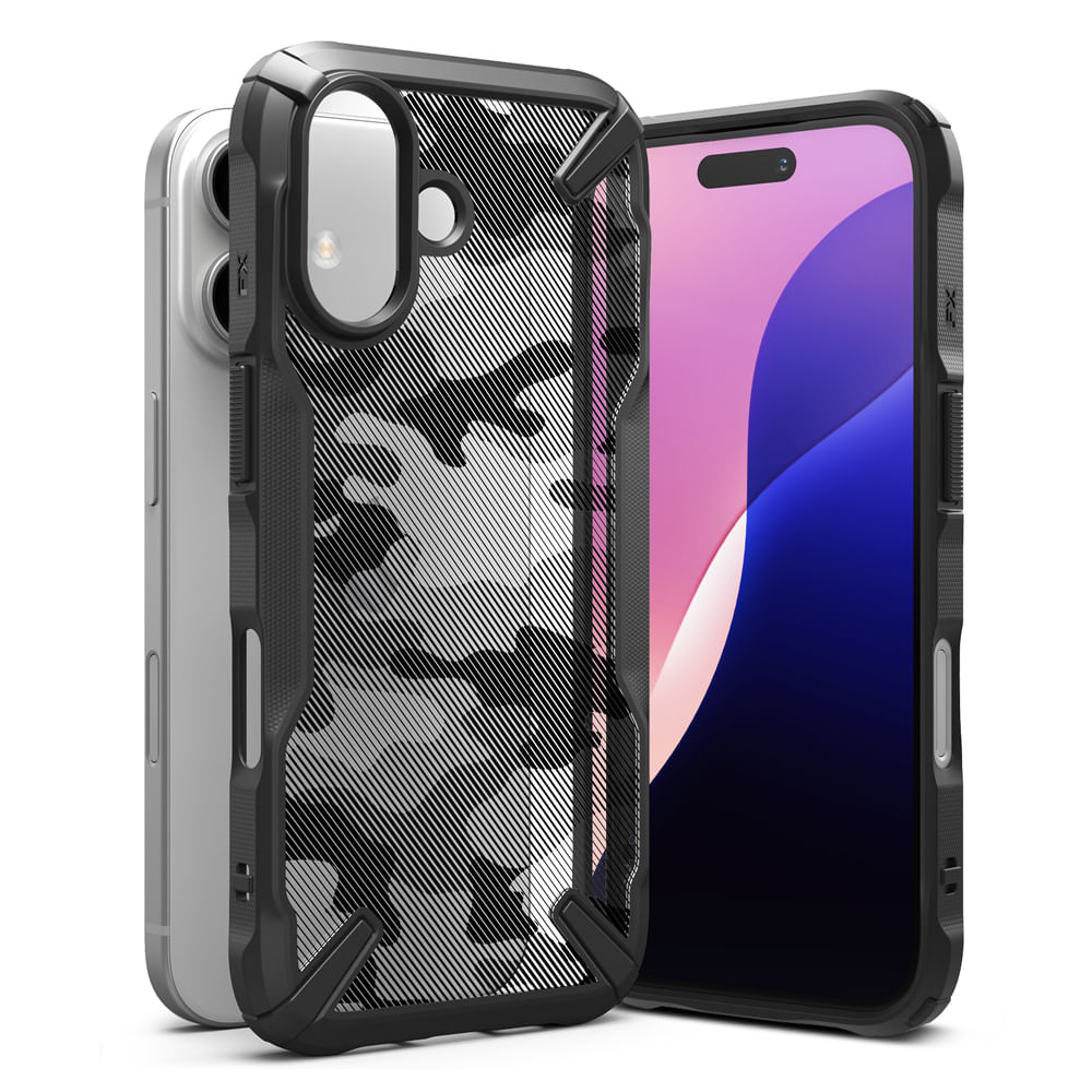 Case para iPhone 16, fusion X, anti golpes, rígido, camuflaje negro
