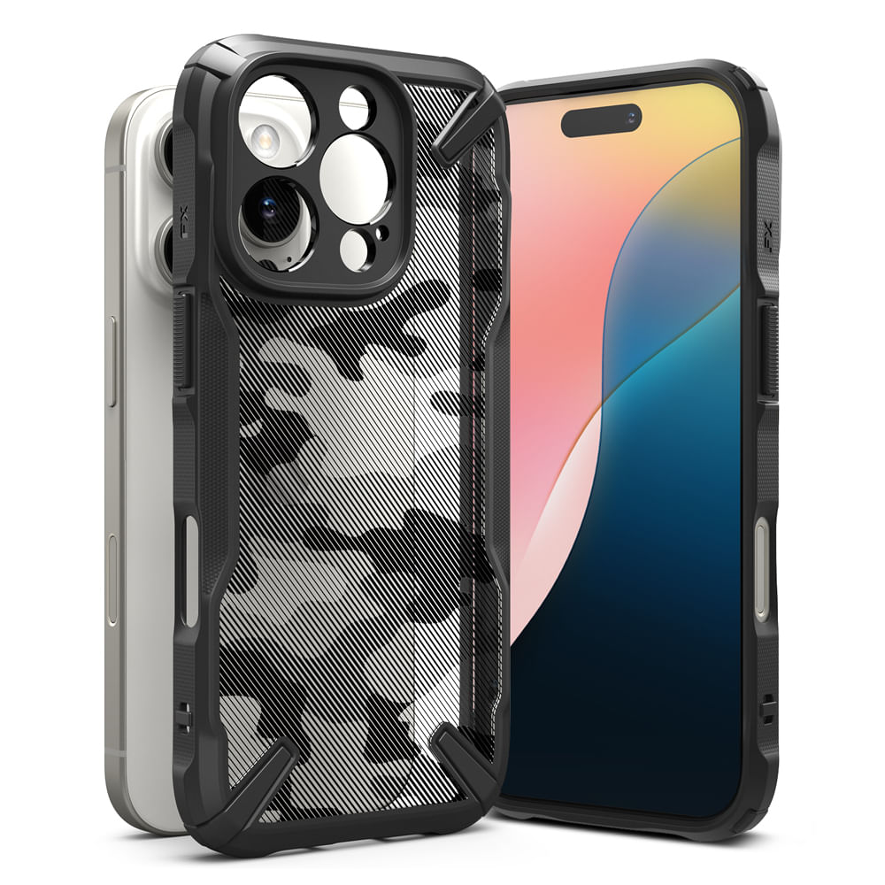 Case para iPhone 16 Pro, fusion X, anti golpes, rígido, camuflaje negro
