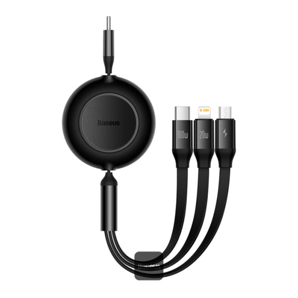 Imagen 1 del producto Cable Retráctil 3 en 1, Tipo C a Micro-USB/Lightning/Tipo C, 100W, 1.1M, Carga Rápida, negro