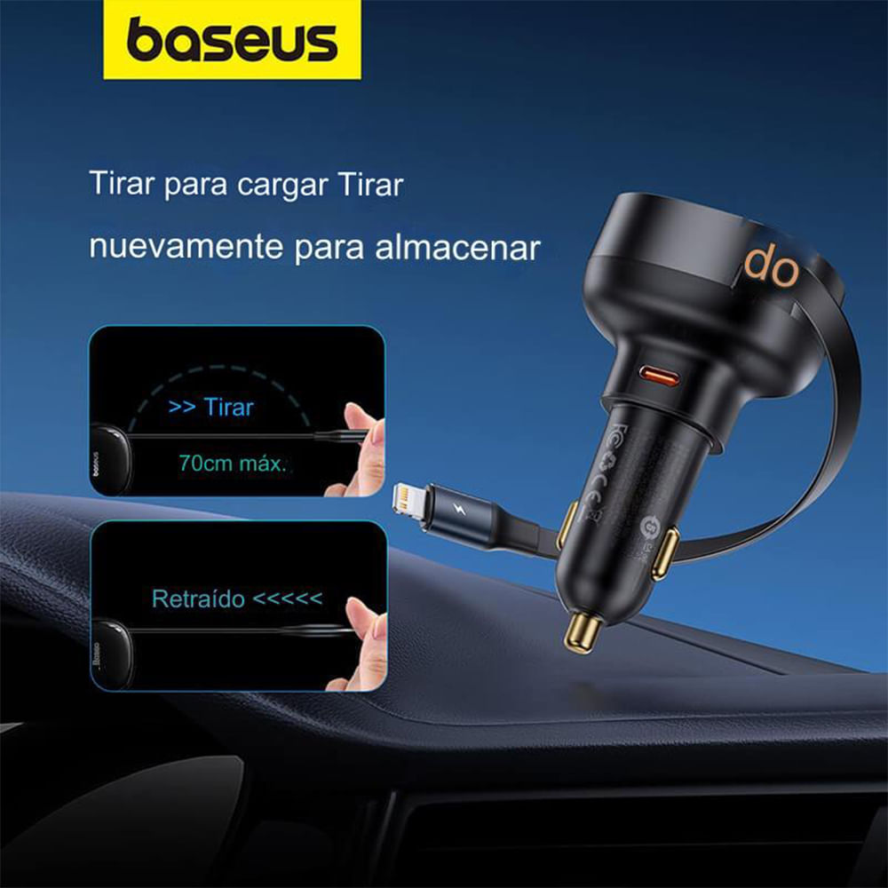 Imagen 2 del producto Cargador de Auto Baseus con Cable Retráctil, 55W, negro