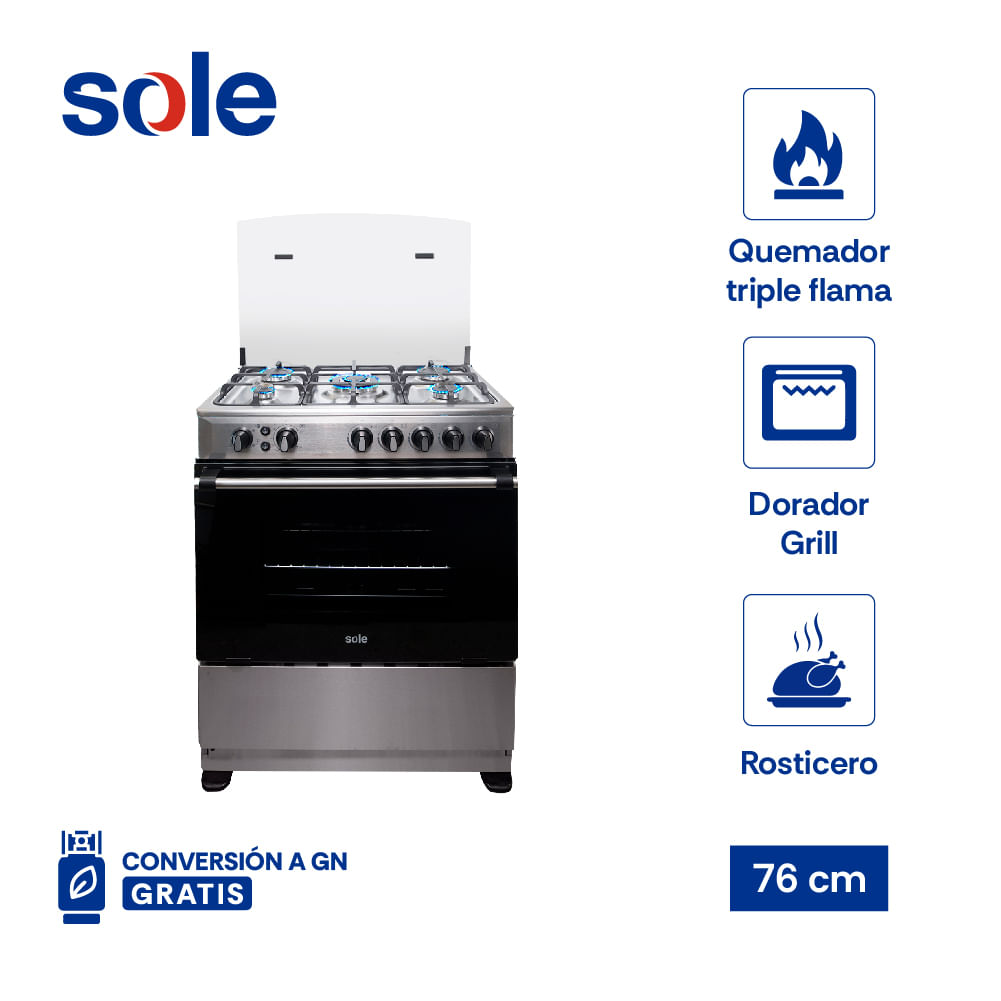 Imagen 2 del producto Cocina de pie Sole Dubai 76 cm, 103 litros, 5 quemadores, GLP/GN, plateado