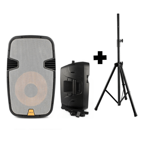 Parlante Activo Halion PHA-15MB, Woofer 15", potencia 2000W PMPO, 2 Micrófonos UHF, batería recargable, bluetooth, + Soporte trípode parante SPS502M