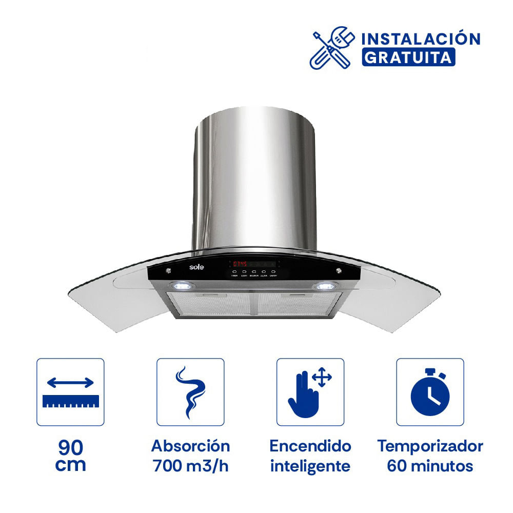 Imagen 2 del producto Campana extractora Sole Venus Plus 1 motor 228w, 90 cm, 3 niveles de absorción, plateado