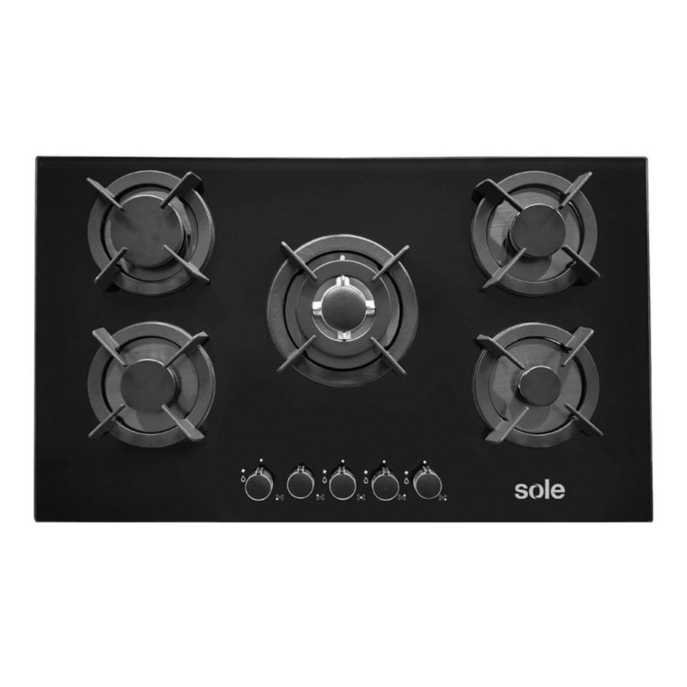 Encimera Sole S-SOLCO069 90 cm, vidrio templado, 5 quemadores, negro