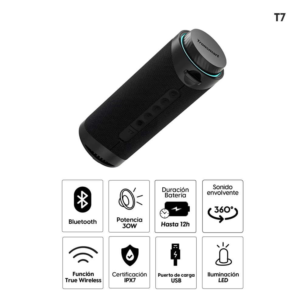 Imagen 2 del producto Parlante Bluetooth T7 30W, hasta 12 horas de reproducción, luces LED, True Wireless (TWS), sonido 360, negro