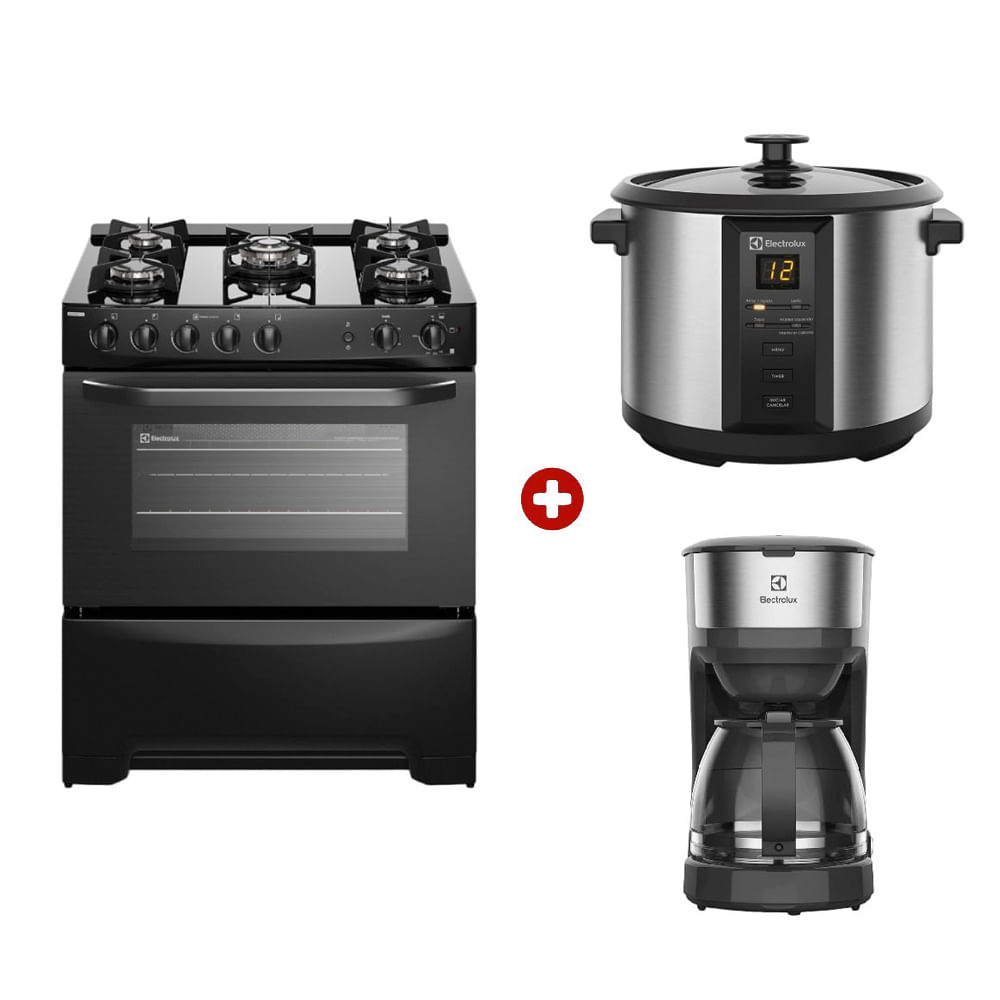Combo Electrolux: Cocina Freestanding FE5GPR 76 cm, 5 quemadores, gas + Cafetera ECM20 750w, 30 tazas + Olla eléctrica multiuso ECC20 1.8 litros