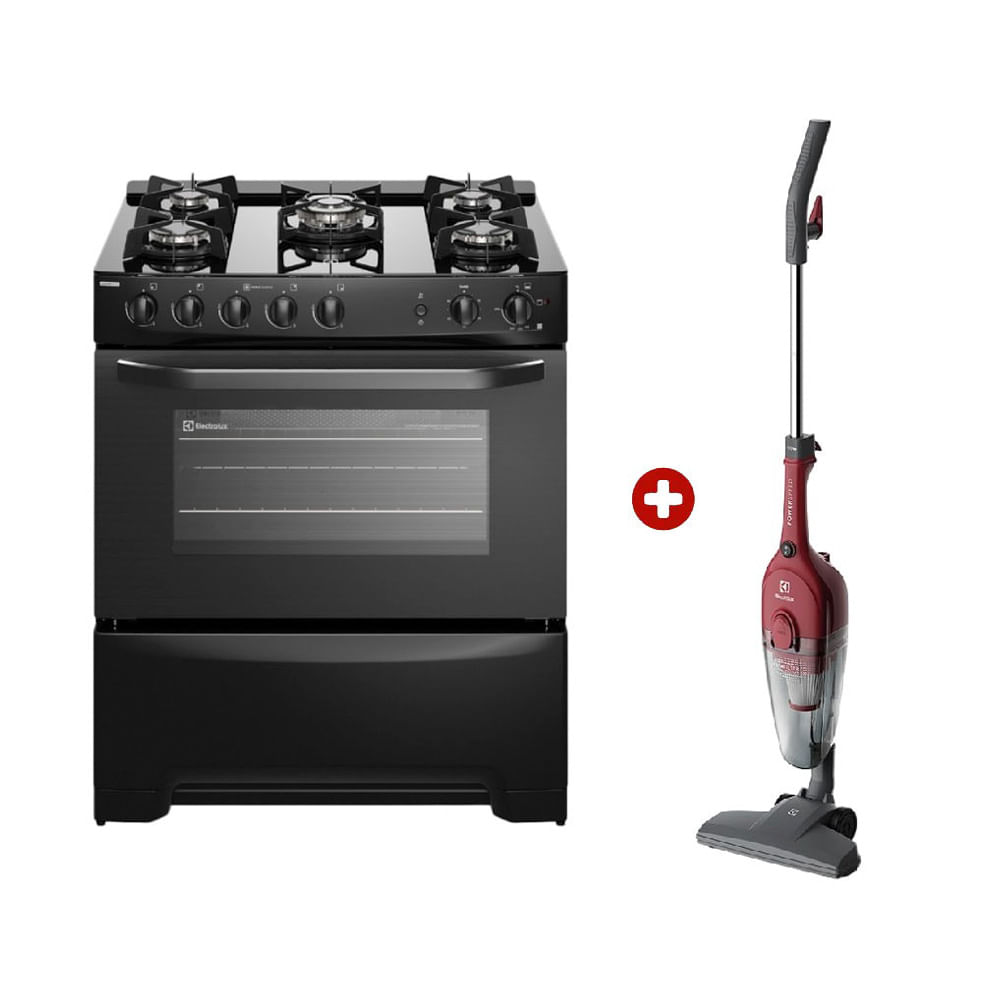 Combo Electrolux: Cocina Freestanding FE5GPR 76 cm, 5 quemadores triple llama, gas + Aspiradora vertical STK13 1000 W, capacidad 1.2 litros