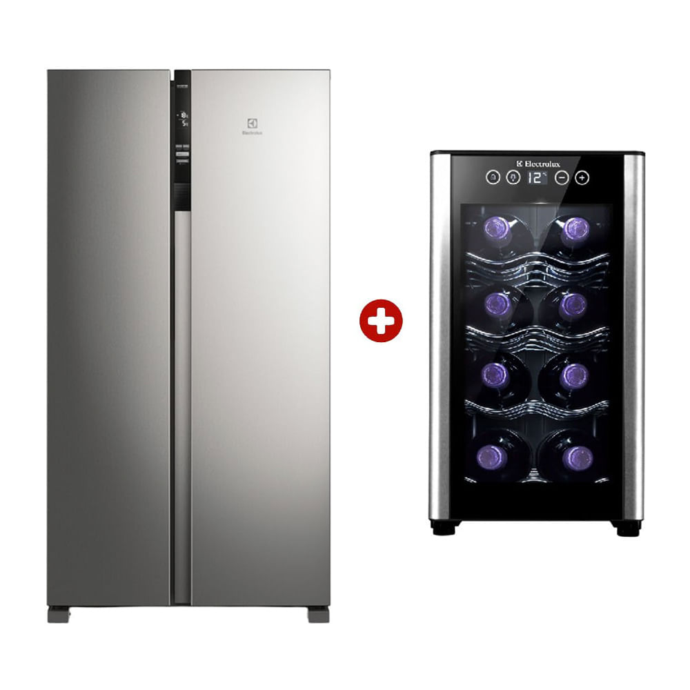 Combo Electrolux: Refrigeradora Side by Side ERSA53V2HVG 517 litros, con Tecnología AutoSense + Cava de vinos ERW082XAMB 8 botellas, negra